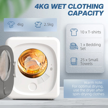HOMCOM 4kg Vented Tumble Dryer, 800W Compact Freestanding Front Tumble Dryer with 5 Drying Mode, Smart Sensor, Timer and Stainless Steel Tub, Wall-Mounted Portable Small Clothes Drying Machine, White