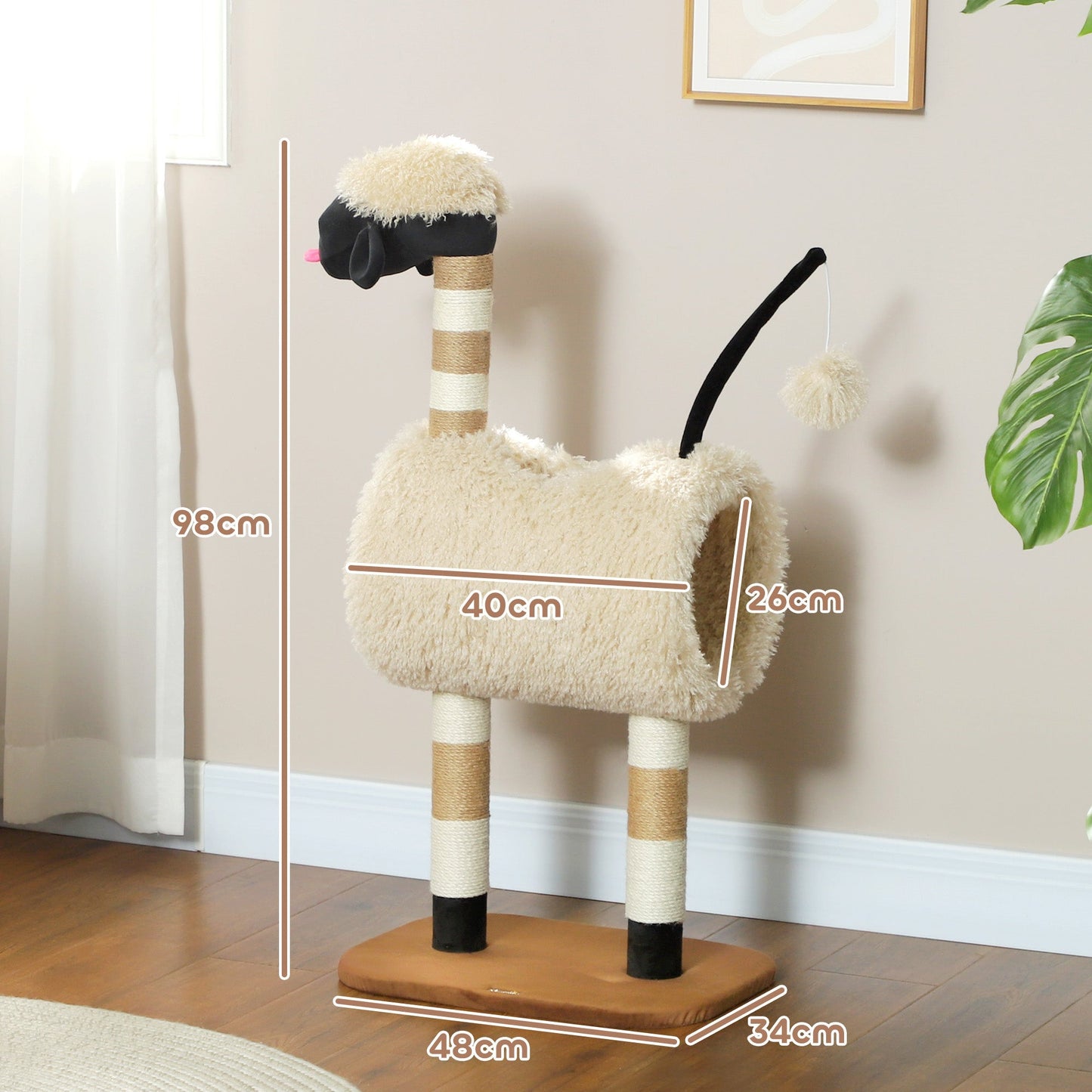 PawHut Cat Tree Sheep Design, 98 cm Multi-Level Cat Tower with Scratching Posts, Tunnel & Play Ball, Light Brown