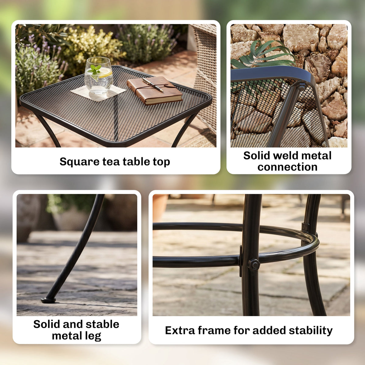 Outsunny 60cm Square Garden Table, Outdoor Metal Bistro Side Desk with Mesh Top, Black