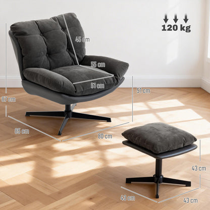 HOMCOM Accent Chair with Footstool, Swivel Lounge Chair with Chenille Upholstery, Metal Base, Dark Grey
