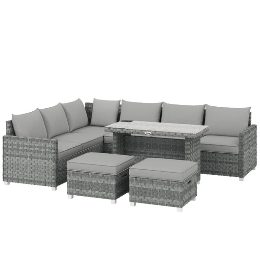 Outsunny 6 Seater Rattan Garden Furniture Set with 3 Sofas, 2 Footstools, Table, Patio Rattan Furniture Sofa Sets, Grey