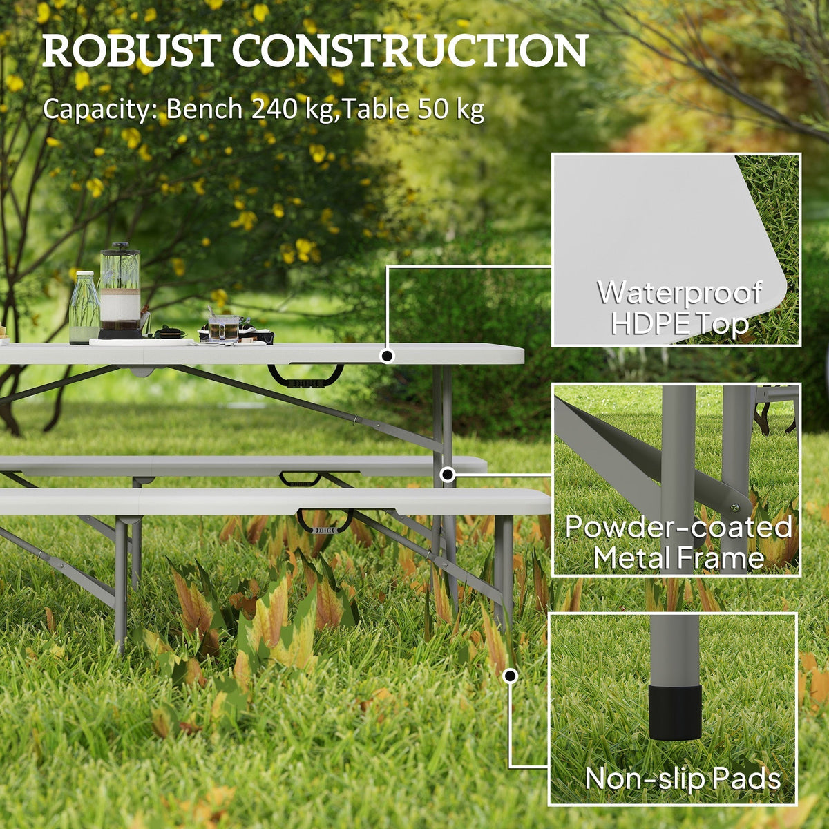 Outsunny Three-Piece Folding Picnic Table and Bench Set - White