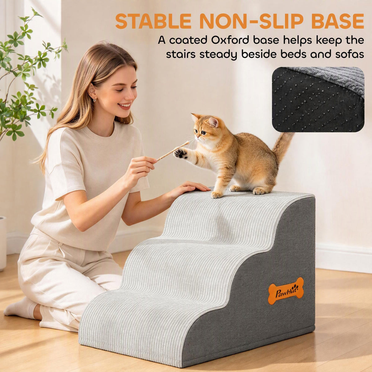 PawHut Dog Steps for Bed and Sofa, 3-Step Non-Slip Dog Stairs with Removable Washable Cover, Carry Handle, Light Grey