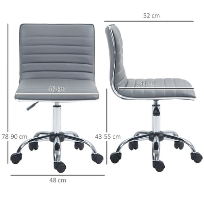 HOMCOM Armless Task Desk Chair, Swivel Office Chair with Faux Leather, Adjustable Seat Height, Chrome Base, Wheels for Home, Light Grey