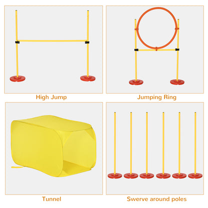 مجموعة حواجز تدريب الكلاب المحمولة من Pawhut Dog Agility Equipment مكونة من 5 قطع مع عمود قفز عالي قابل للتعديل وحلقة قفز وأعمدة منسوجة ونفق