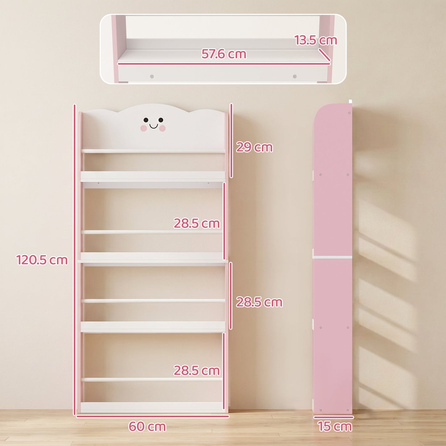 AIYAPLAY 4 Tier Kids Bookshelf, Wall-Mounted Children Bookcase, Toddler Space-Saving Bookcase for Kids Room, Playroom, Pink