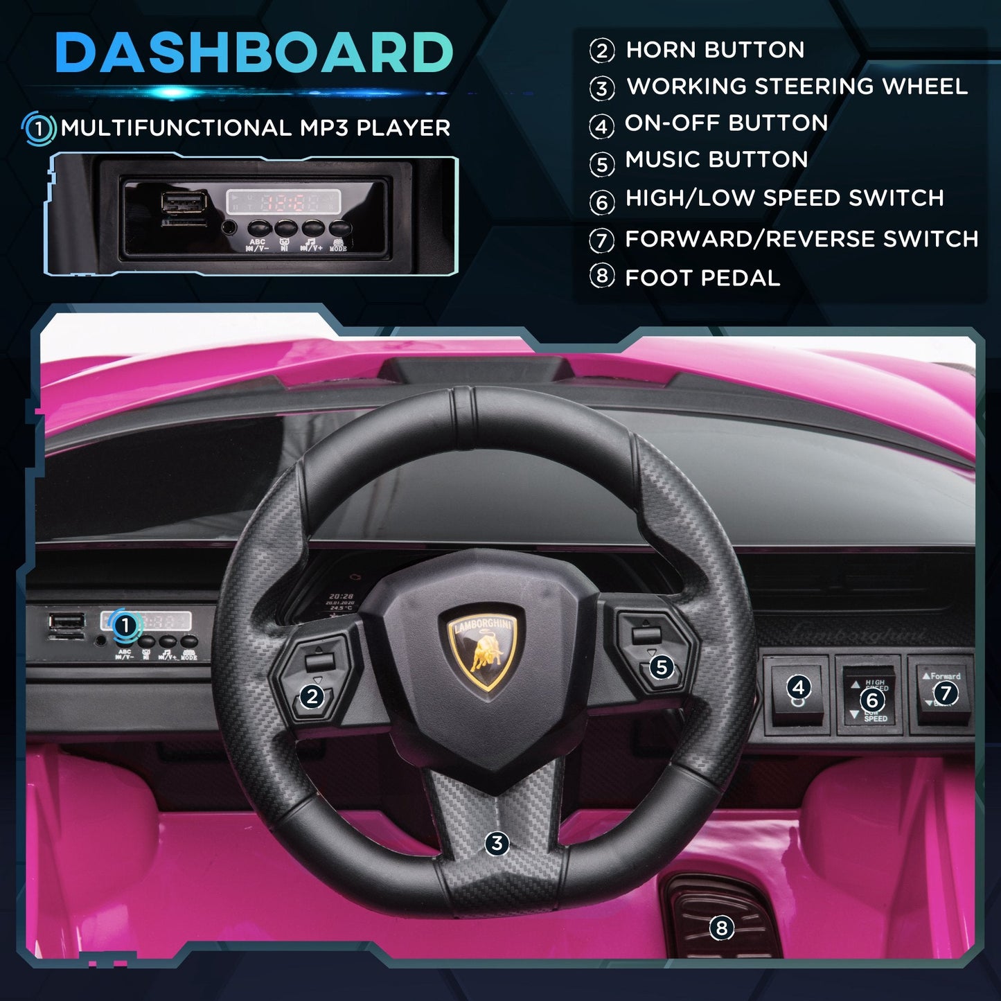 HOMCOM Lamborghini Sian مرخصة 12 فولت للأطفال سيارة كهربائية ركوب بمحركين لعبة سيارة مع جهاز تحكم عن بعد أضواء موسيقى MP3 لعمر 3-5 سنوات وردي