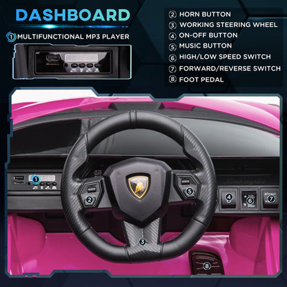 HOMCOM Lamborghini Sian مرخصة 12 فولت للأطفال سيارة كهربائية ركوب بمحركين لعبة سيارة مع جهاز تحكم عن بعد أضواء موسيقى MP3 لعمر 3-5 سنوات وردي