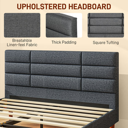 HOMCOM Upholstered Double Bed Frame, with Slats - Grey