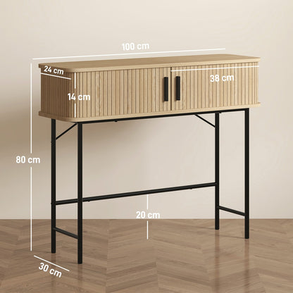 HOMCOM Console Table 2-Compartment Storage Hallway Table Steel Frame for Entryway Living Room 100 cm Oak Tone Black