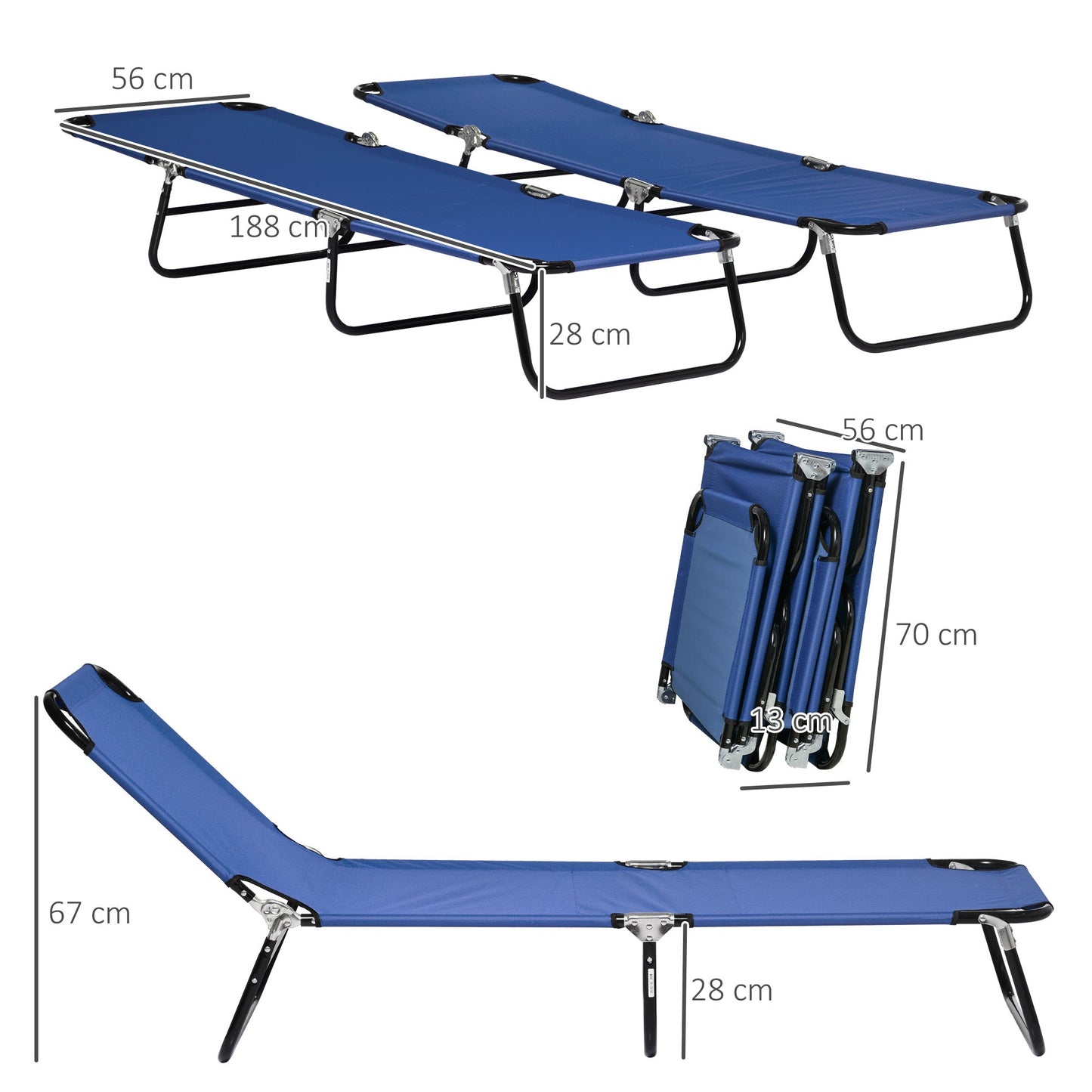 Outsunny Set of Two Metal Frame Folding Sun Loungers - Blue