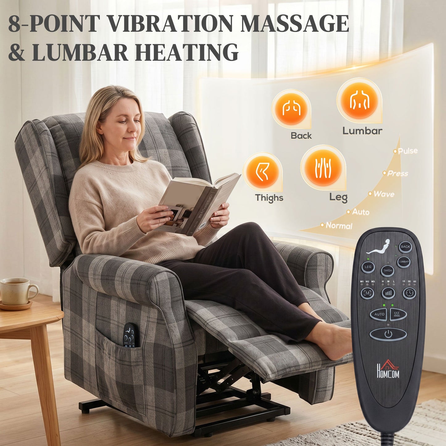 HOMCOM Power Lift Recliner Chair with Vibration Massage, Heat, Checked Lift Chair with Remote, Side Pockets, Grey