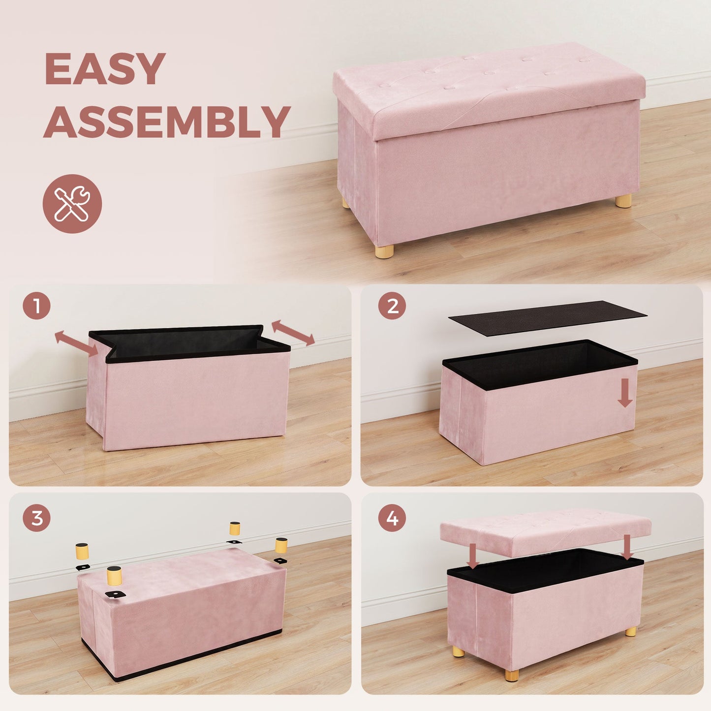 HOMCOM Velvet Upholstered Foldable Ottoman Footrest, Storage Ottoman Bench with Wood Legs for Living Room, Pink