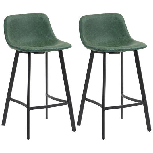 HOMCOM Bar Stools Set of 2, مقاعد بار جلد صناعي مع مسند ظهر ومسند قدم، للمطبخ، الكاونتر، بار الإفطار، أخضر