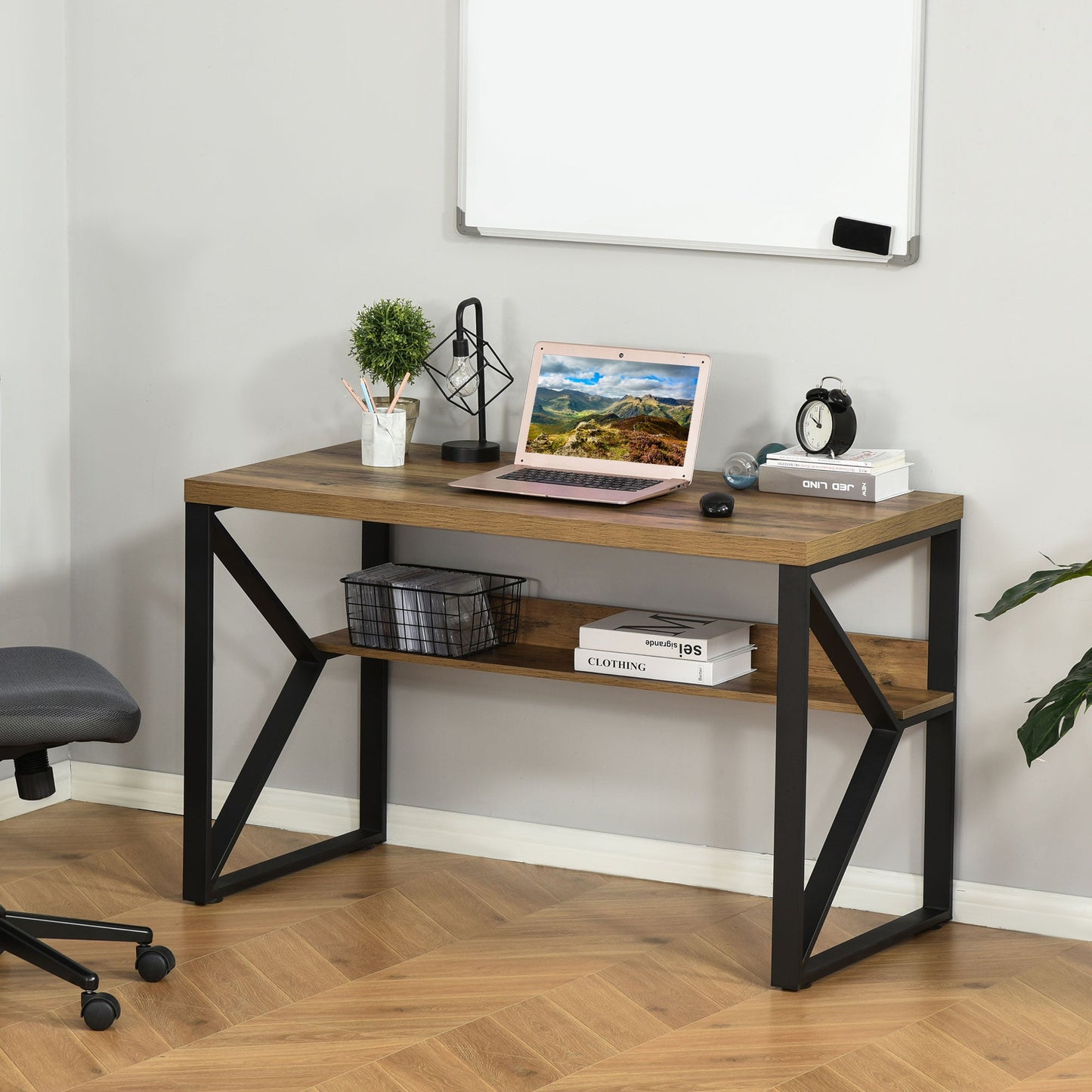 مكتب كمبيوتر HOMCOM مكتب كتابة مكتب منزلي للكمبيوتر المحمول محطة عمل مع رف تخزين 120 × 60 × 76 سم تأثير الخشب البني الأسود