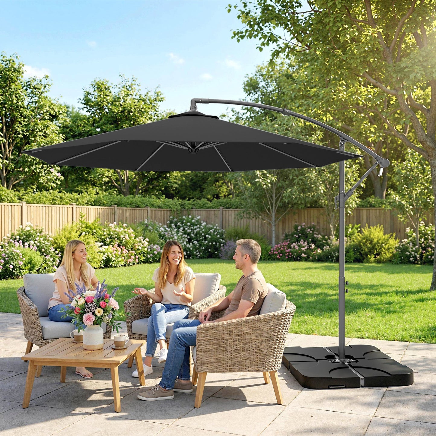 Outsunny 3m Overhanging Parasol, with Base, Weights and Cover - Black