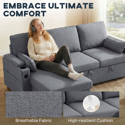 HOMCOM Corner Sofa Bed, L Shaped Sleeper Sectional Sofa with Reversible Storage Chaise, Grey