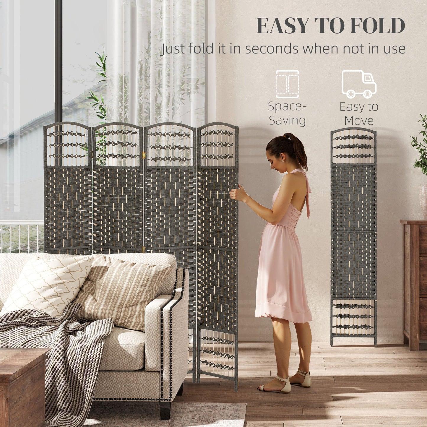 HOMCOM 4 Panel Folding Privacy Screen, Room Divider with Pine Wood Frame for Living Room and Office, Dark Grey