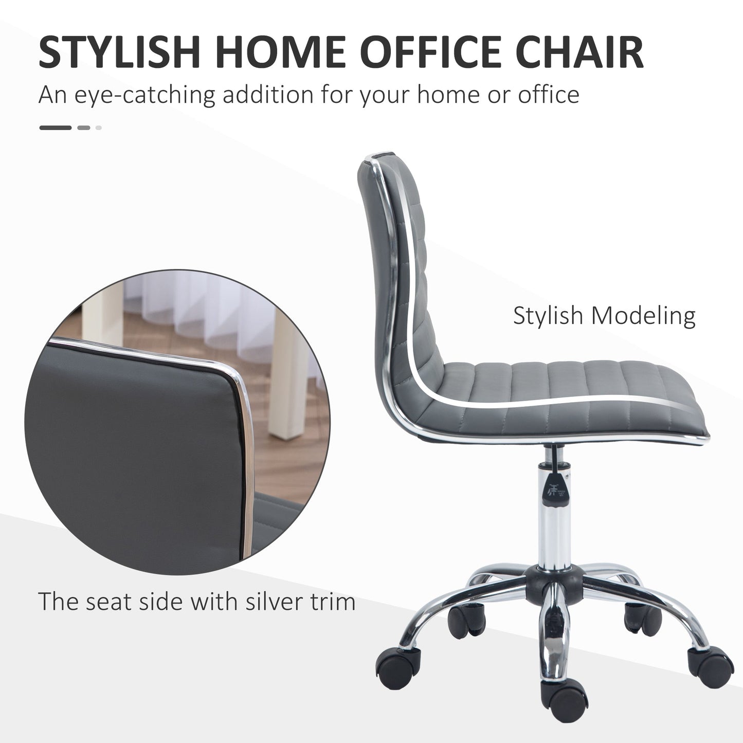 HOMCOM Armless Task Desk Chair, Swivel Office Chair with Faux Leather, Adjustable Seat Height, Chrome Base, Wheels for Home, Dark Grey