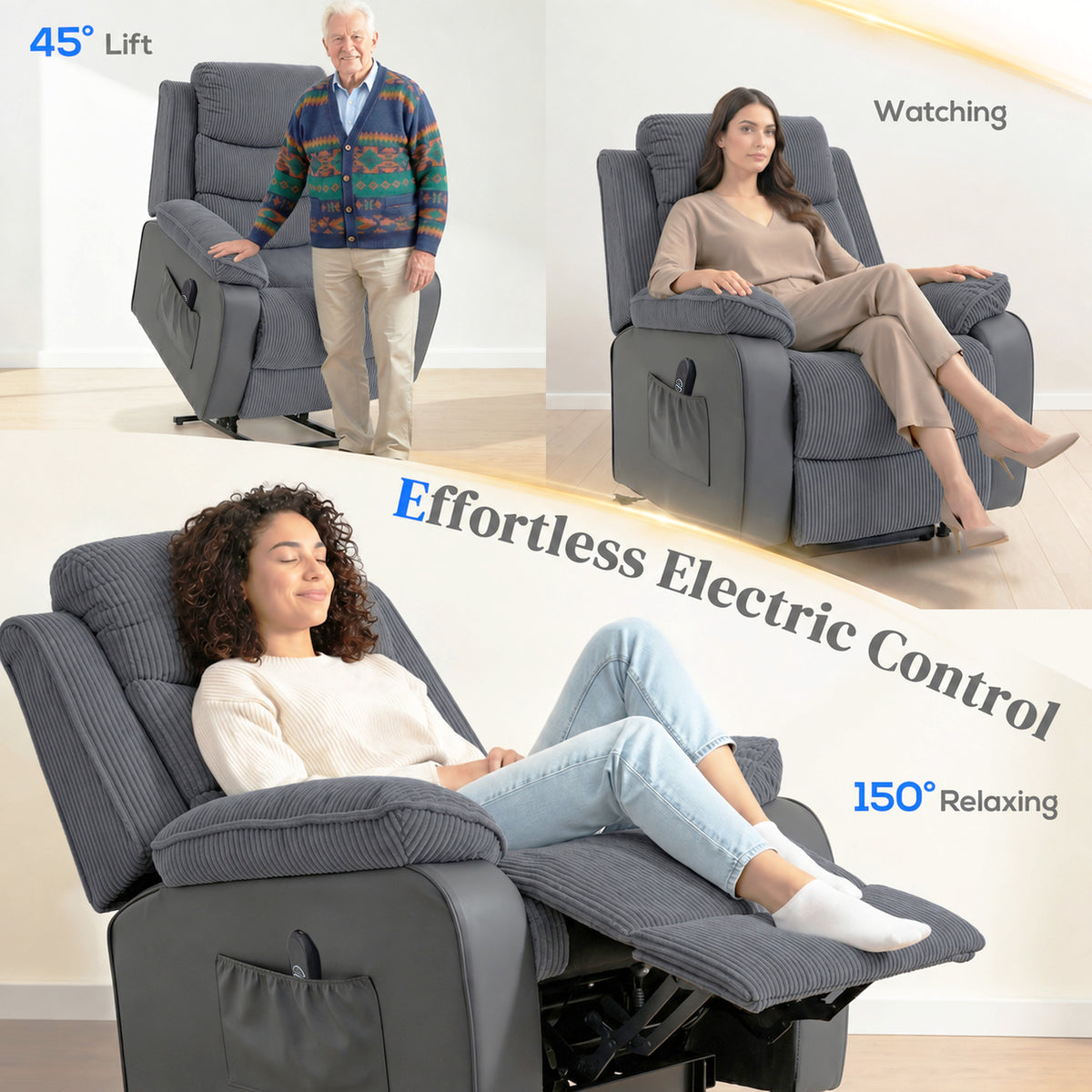 HOMCOM Riser Recliner Chair for Elderly, Electric Power Lift Recliner Armchair, Corduroy PU Leather Patchwork, Dark Grey