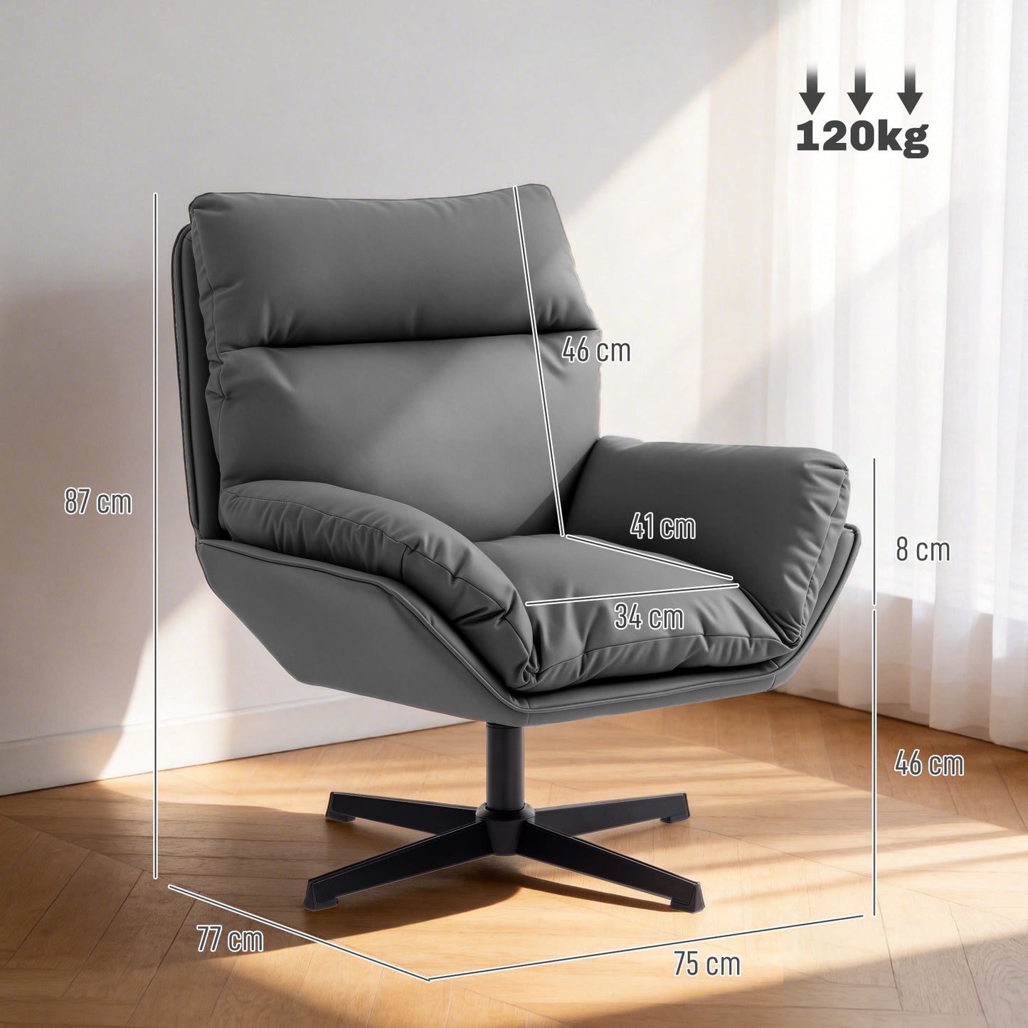 HOMCOM Accent Chair with 360 Swivel Armchair for Living Room with Padded Cushion Dark Grey