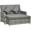 Outsunny Rattan Garden Daybed, Assembled Double Sun Lounger with 5-Level Adjustable Back, Storage Ottoman, Cushions, Pillows and Retractable Trays, Outdoor Loveseat Sofa Bed for Patio, Mixed Grey