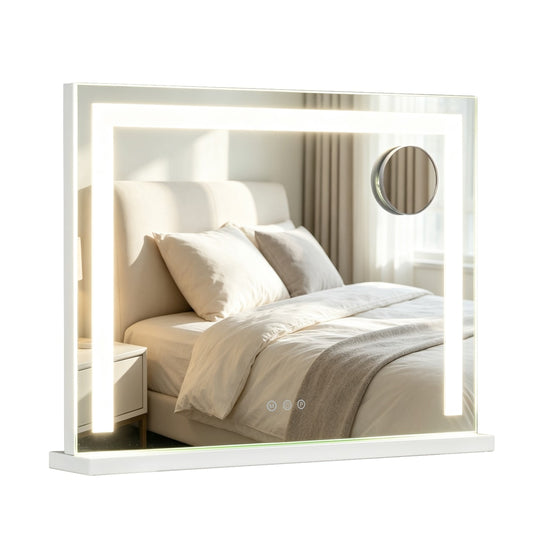 Vanity mirror with bright LED lights around the frame, shown on a bedside table