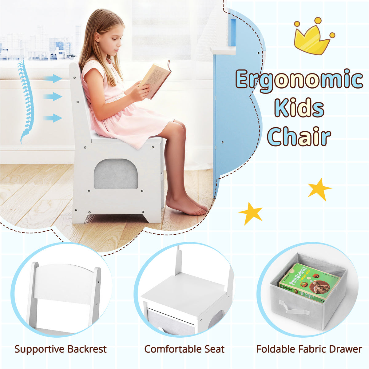 Details of the ergonomic chair features including the backrest and fabric drawer