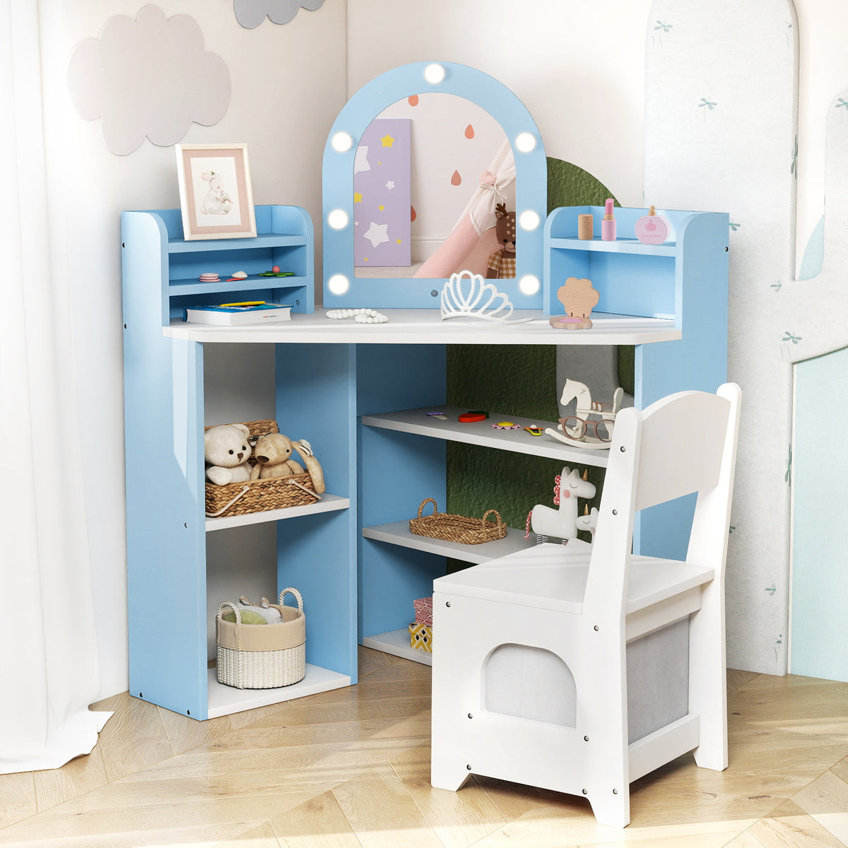 The kids vanity set decorated with toys and accessories in a child bedroom
