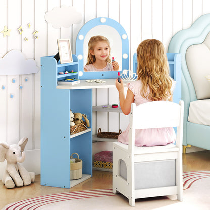 A young girl sitting at the kids vanity set playing with makeup accessories