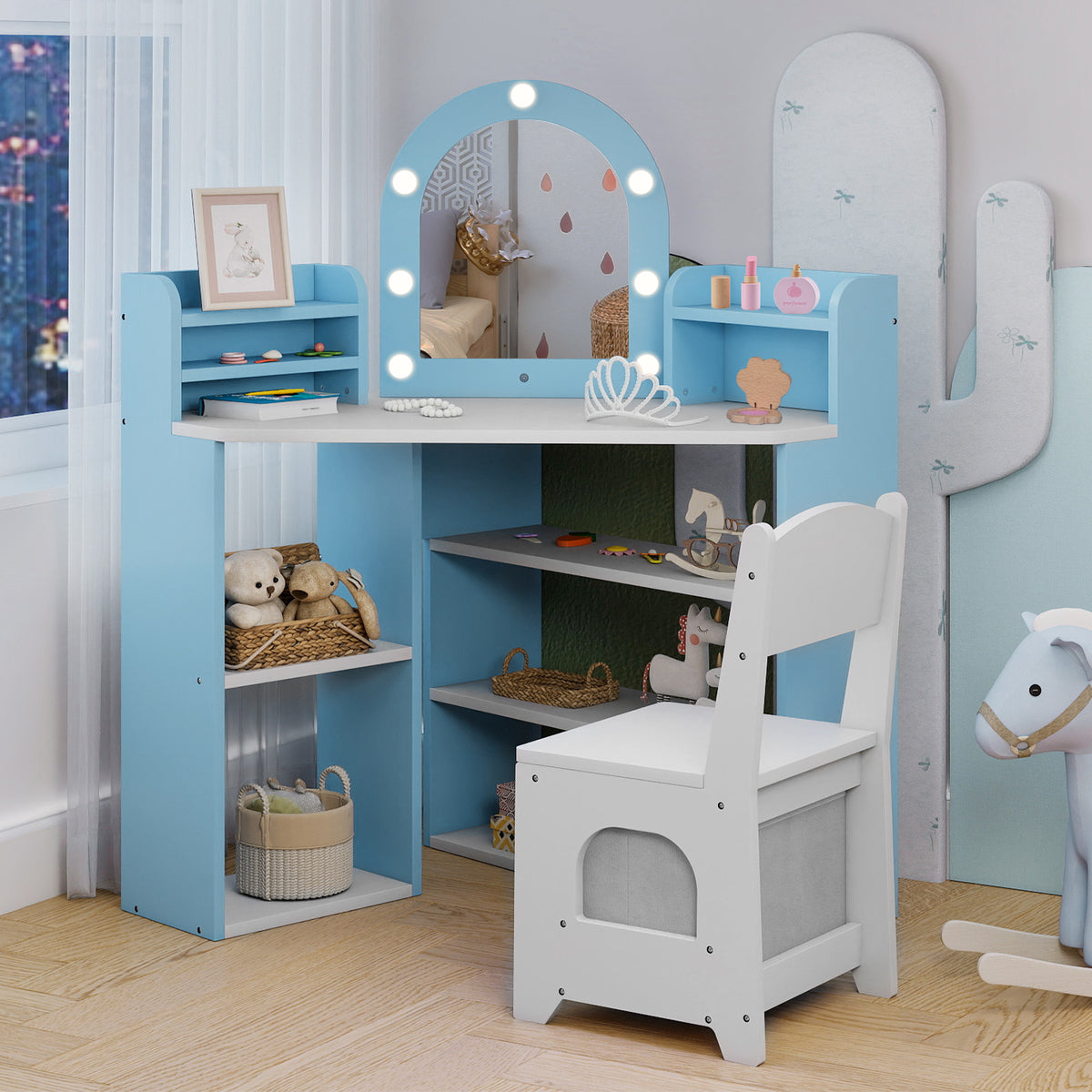 The kids vanity set placed in a bedroom with a soft blue and white colour scheme