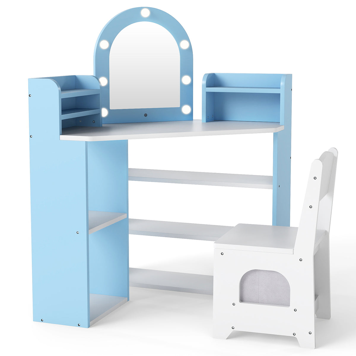 Vanity Table and Chair Set in blue and white with a mirror and storage shelves