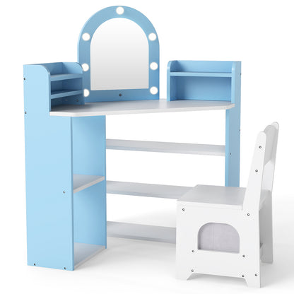 Vanity Table and Chair Set in blue and white with a mirror and storage shelves