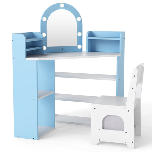 Vanity Table and Chair Set in blue and white with a mirror and storage shelves