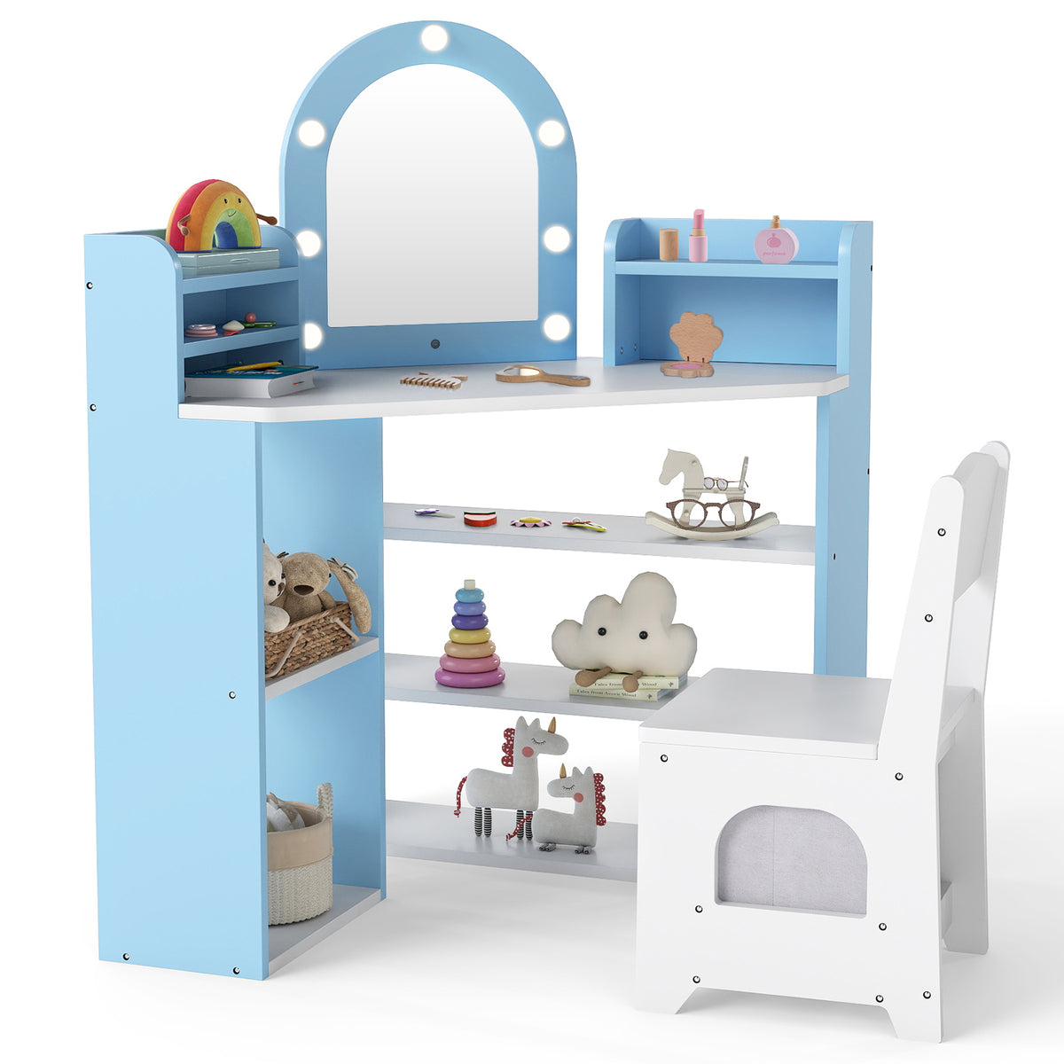 The kids vanity set filled with various toys and decorative items on the shelves
