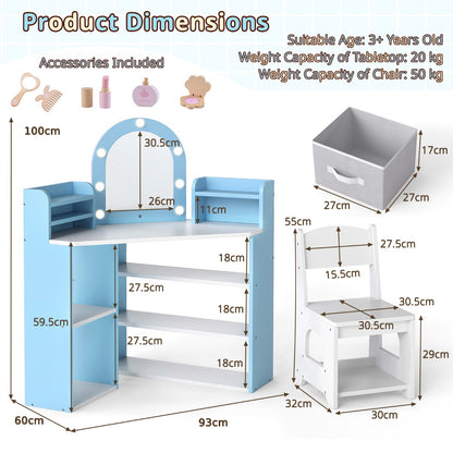 A diagram showing the dimensions of the kids vanity set and included accessories