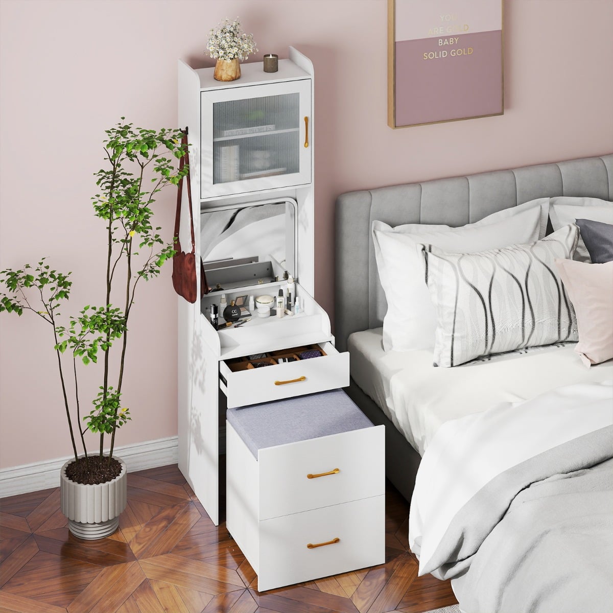 Vanity Desk with Flip-up Mirror and Movable Storage Stool-White
