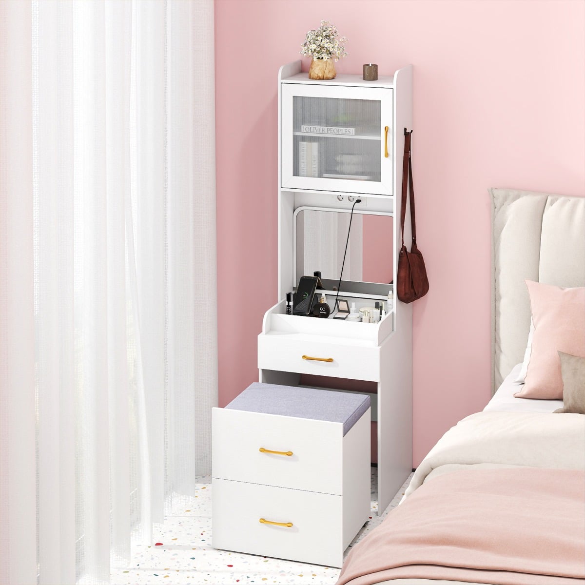 Vanity Desk with Flip-up Mirror and Movable Storage Stool-White