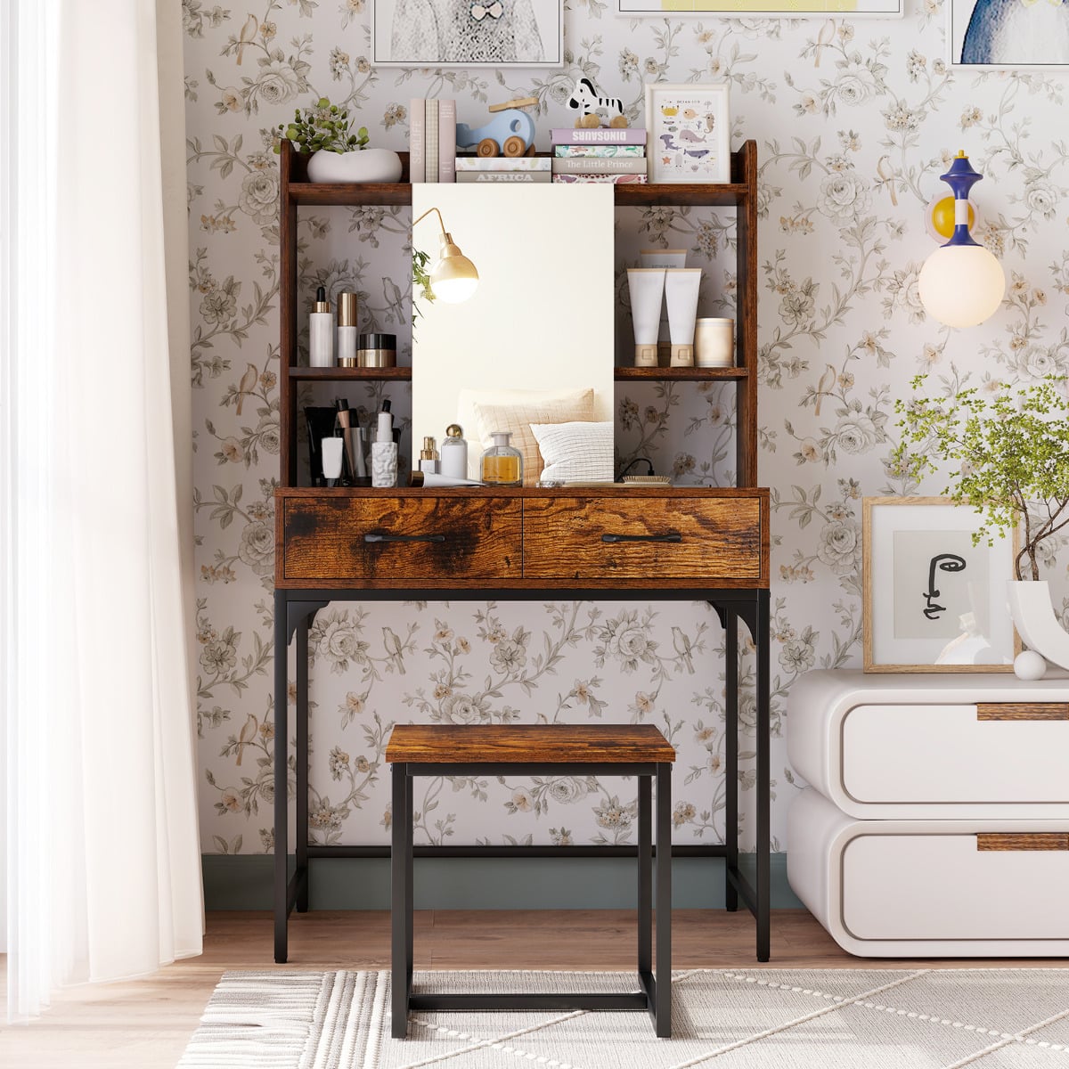 Vanity Desk with Mirror and Stool Wide Makeup Dressing Table-Rustic Brown