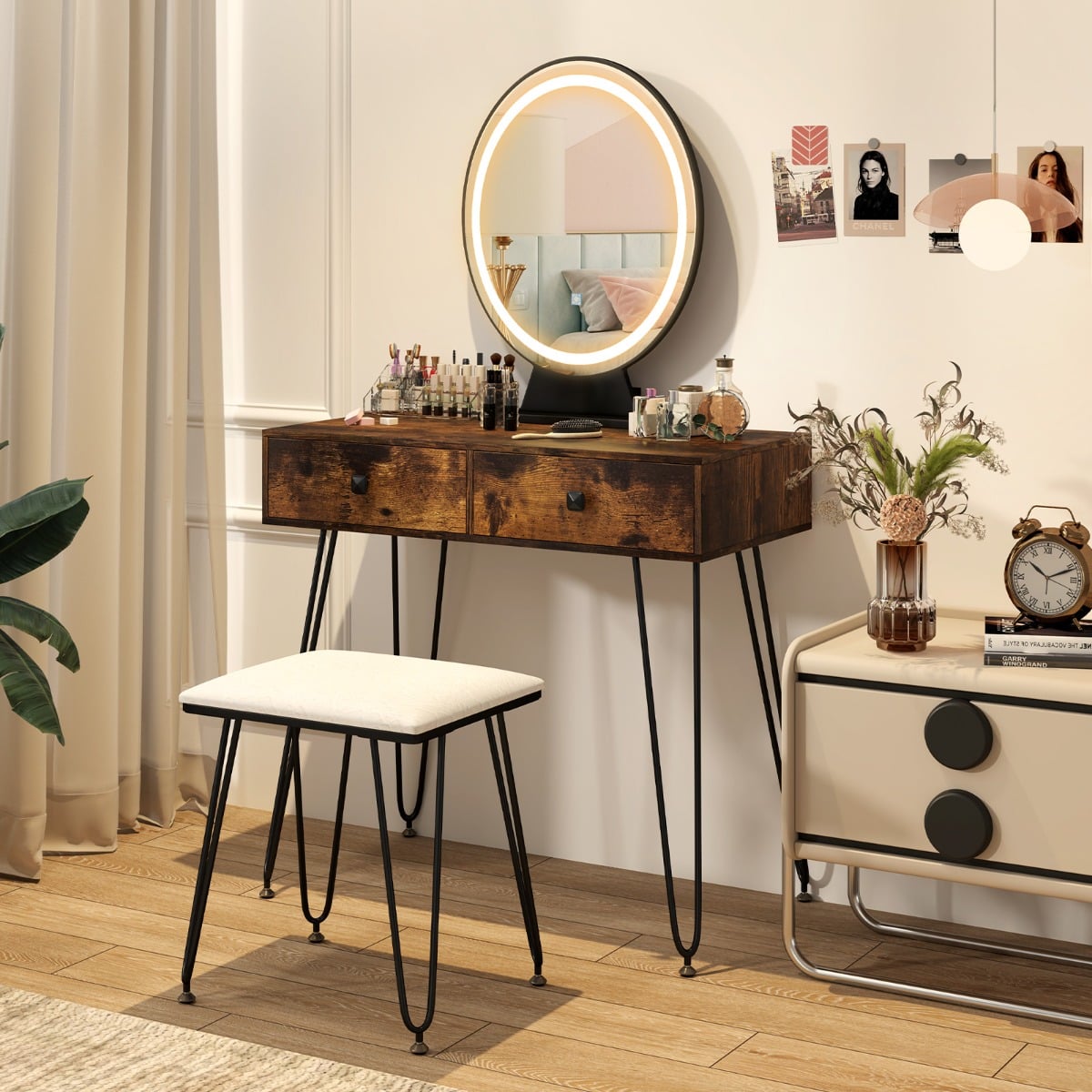 Vanity Set with LED Lighted Mirror and Soft Cushioned Stool  for Bedroom-Rustic Brown