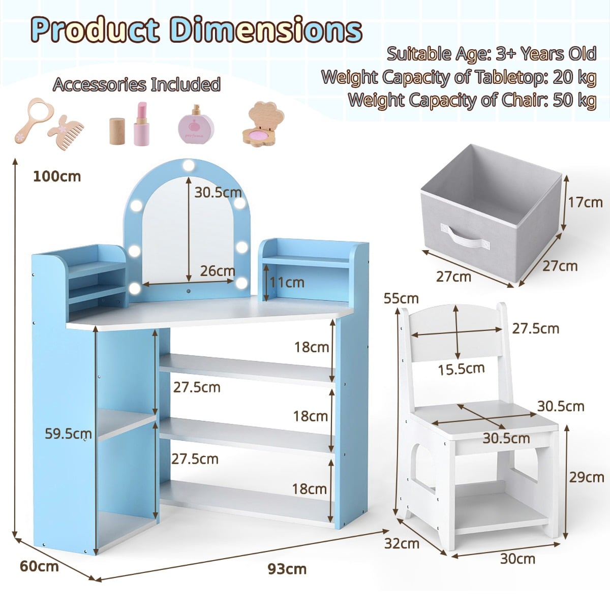 Vanity Table and Chair Set with 3 Storage Shelves and 5 Open Compartments-Blue & White