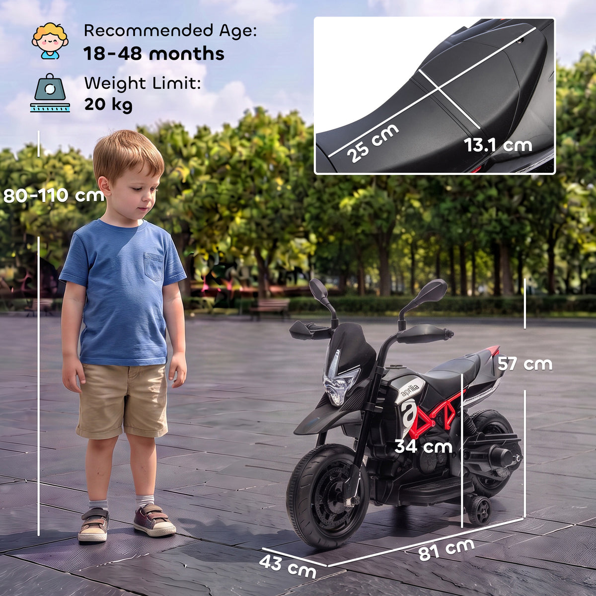 AIYAPLAY 6V Kids Electric Motorbike with Training Wheels in Black