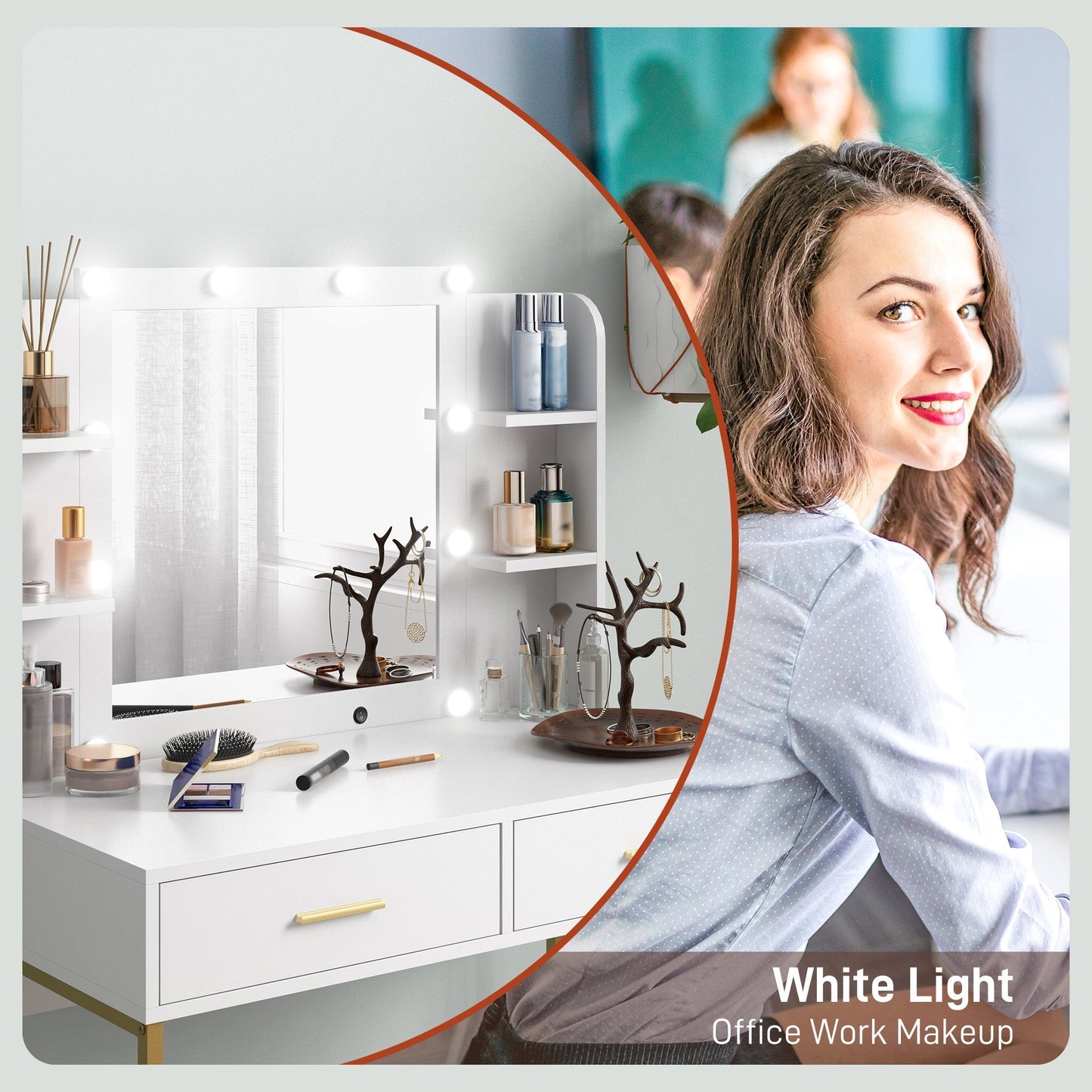طاولة تزيين HOMCOM مع مرآة مضيئة، مقعد مبطن، أدراج، أرفف، مجموعة مكتب زينة LED، طاولة زينة عصرية لغرفة النوم، أبيض