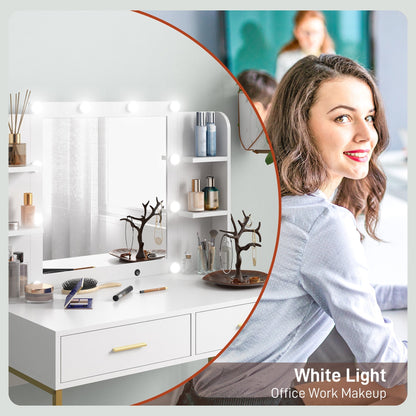 طاولة تزيين HOMCOM مع مرآة مضيئة، مقعد مبطن، أدراج، أرفف، مجموعة مكتب زينة LED، طاولة زينة عصرية لغرفة النوم، أبيض