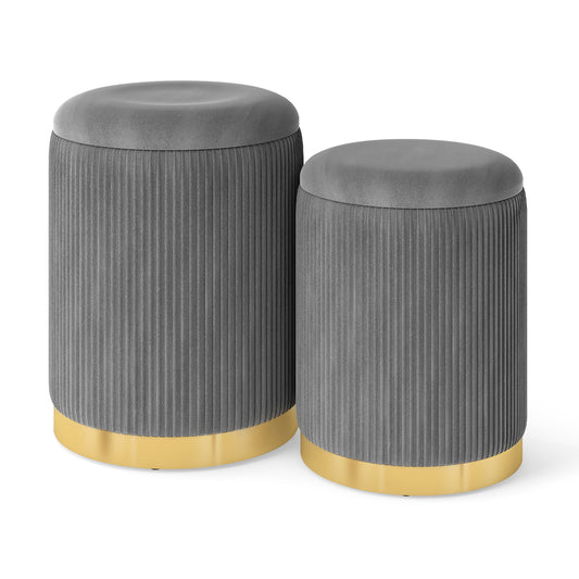Velvet Storage Ottoman Set of 2 in grey with gold stainless steel bases on a white background