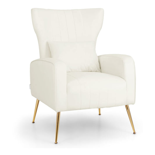 Velvet Upholstered Wingback Chair with lumbar pillow and golden metal legs in white