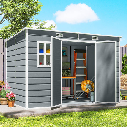 حظيرة حديقة راتينج من Outsunny بمقاس 10 × 6 أقدام، سقيفة تخزين خارجية مع أرضية، نوافذ، أبواب قابلة للقفل وفتحات تهوية، رمادي