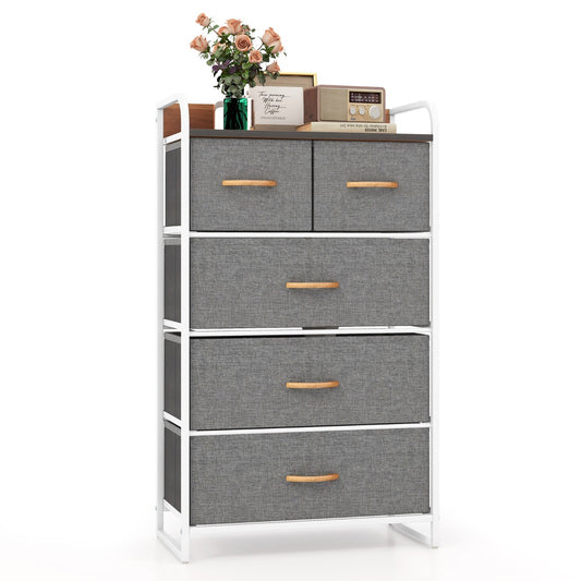 Vertical Dresser Storage Tower with a wooden top and five grey fabric drawers
