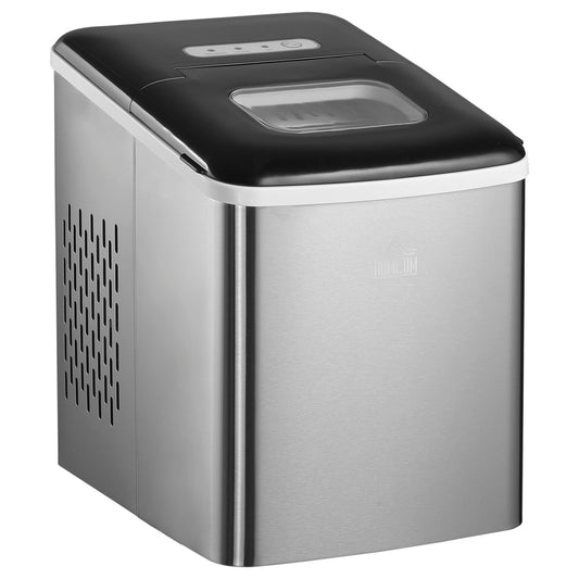HOMCOM Ice Maker Machine Countertop, 9 Ice Cubes in 8 Mins, 12KG in 24Hrs, Self-Cleaning Portable Ice Cube Maker w/ Adjustable Ice Size, Ice Scoop, Basket, Stainless Steel, No Plumbing Required, Black