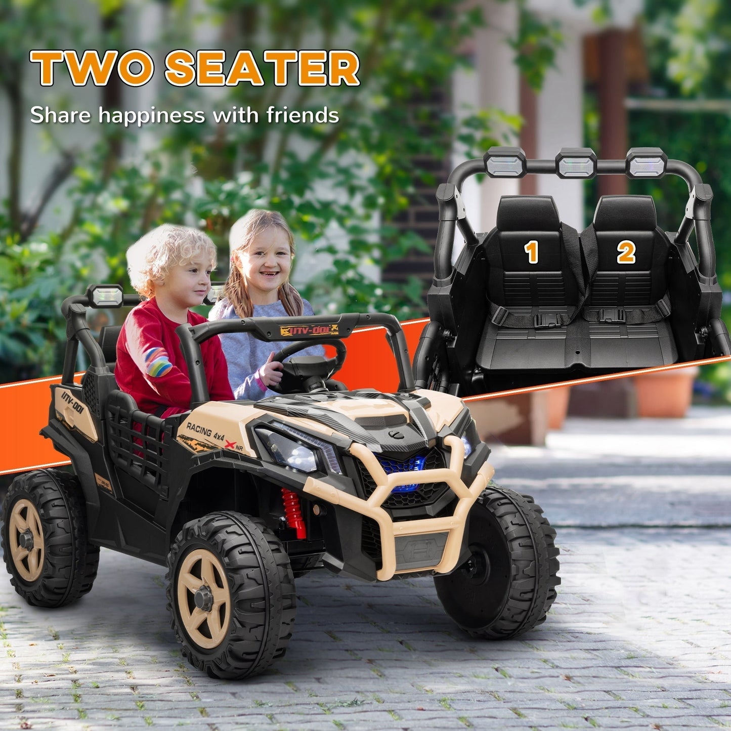 AIYAPLAY 24V 2 Seater Kids Electric Car with Remote Control, Suspension System, Slow Start, 3 Speeds, for 3-8 Years, Khaki